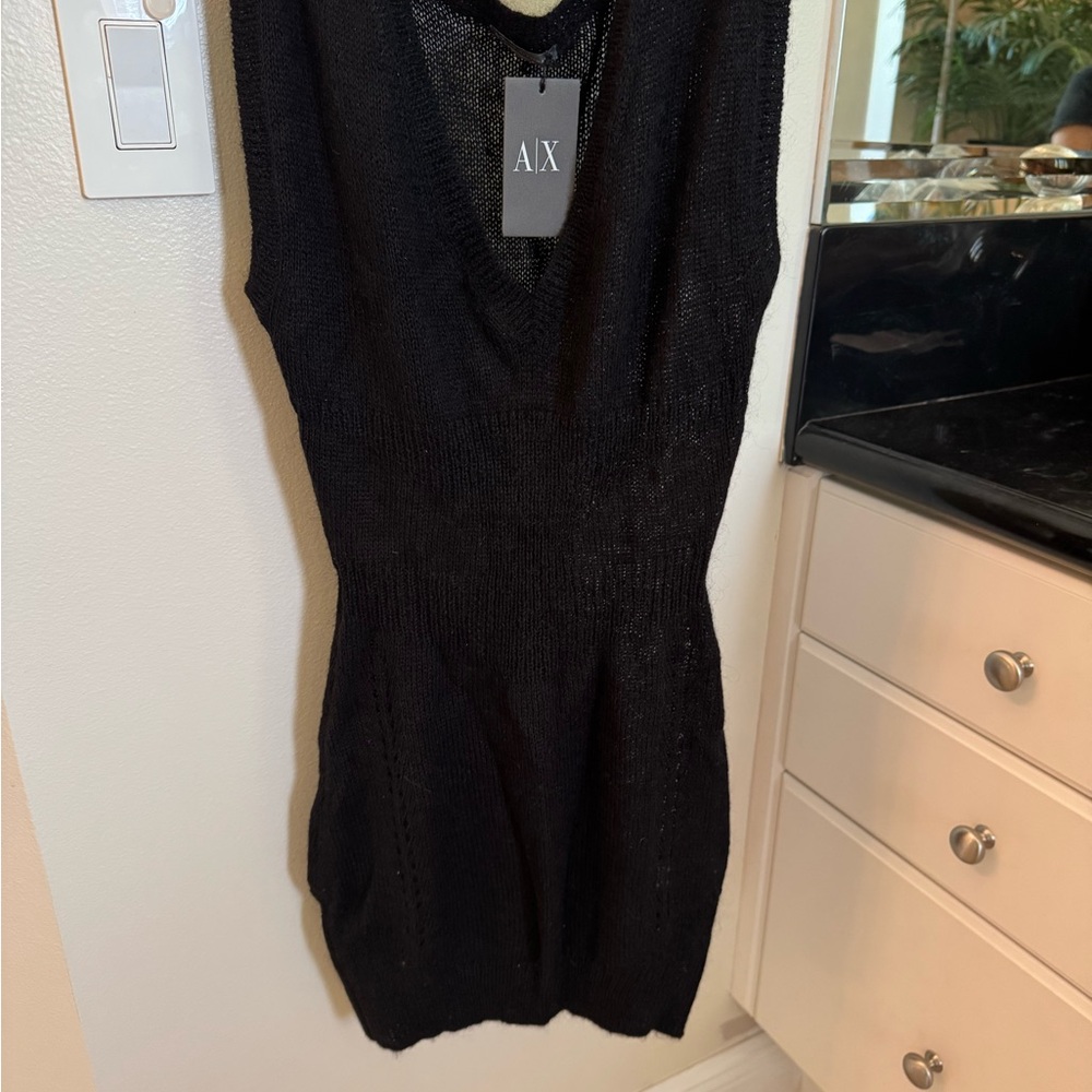 A/X Armani Exchange Chic Black sweater Mini V-Neck Dress lightweight New w/ tags